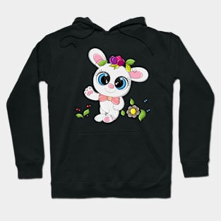 Cheerful bunny stands around flowers Hoodie